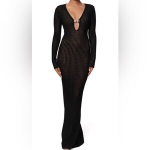 New JLUXLABEL Sol Open Stitch Long Sleeve BodyCon Sweater Knit Dress Black Shell